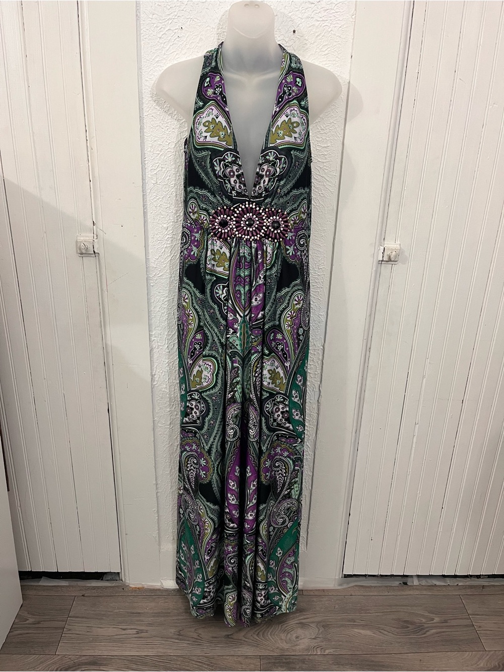 Ice Halter Paisley Maxi Dress in Green & Purple